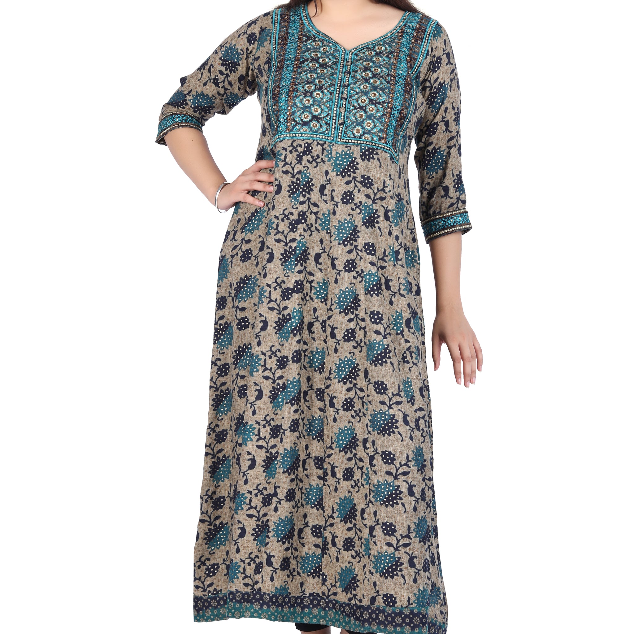 Festival Finesse: Navy Rayon Kurti Embellished with Zari Embroidery, Sequins, and Floral Print