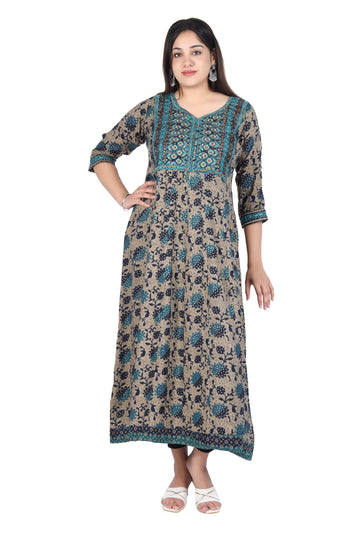 Festival Finesse: Navy Rayon Kurti Embellished with Zari Embroidery, Sequins, and Floral Print