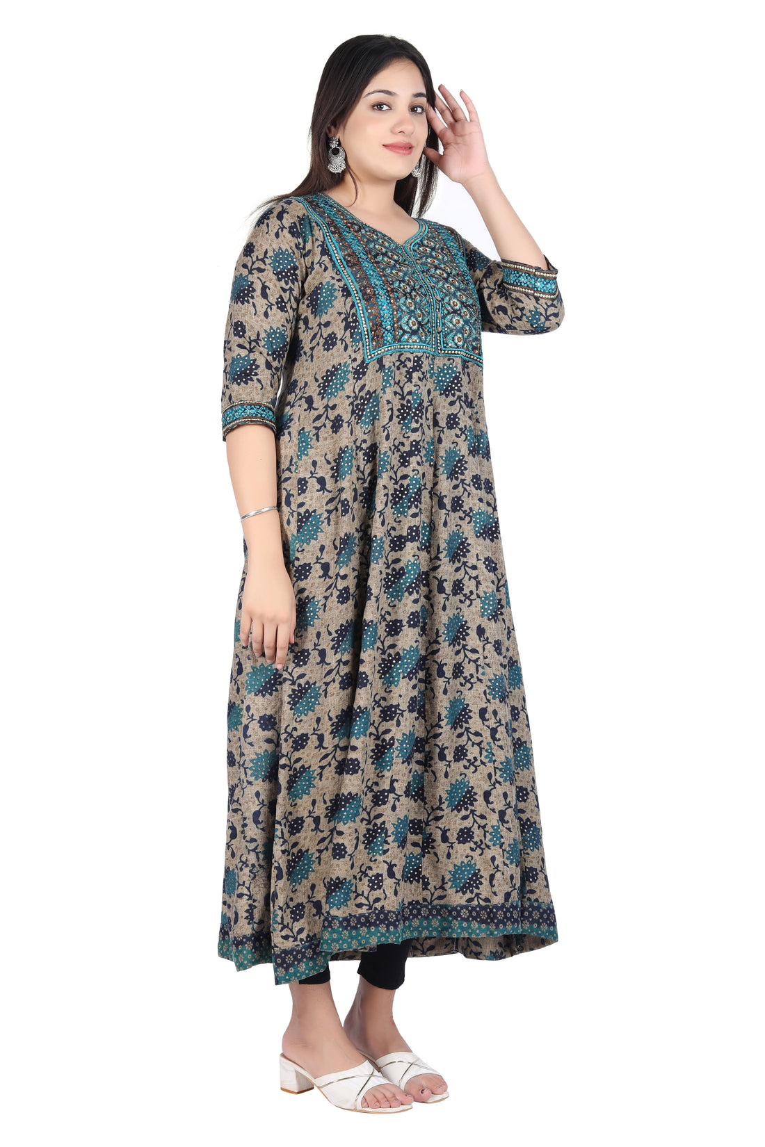 Festival Finesse: Navy Rayon Kurti Embellished with Zari Embroidery, Sequins, and Floral Print