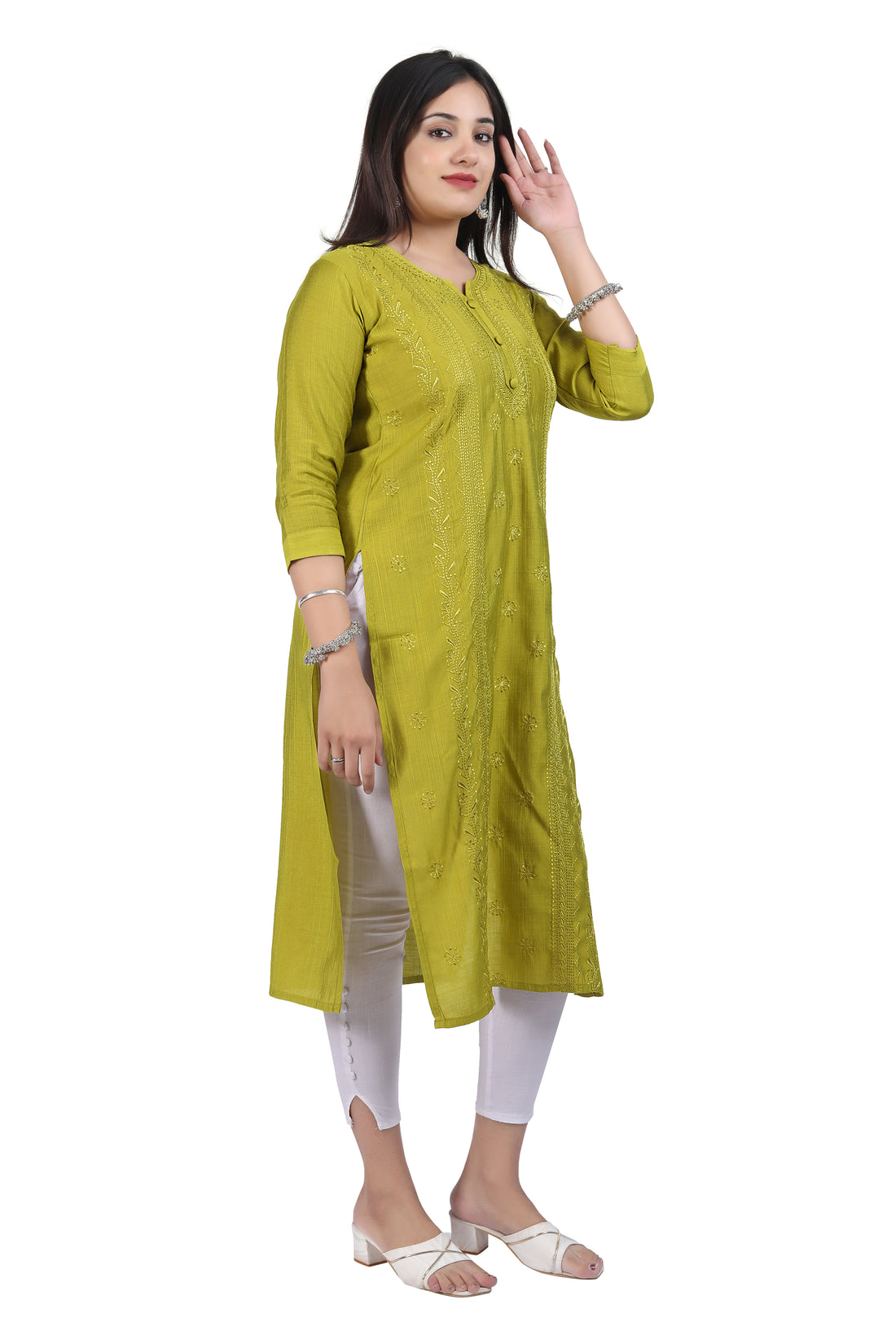 Dazzling Elegance: Fully Embroidered Buti Buttons Adorned Vertical Silk Kurti