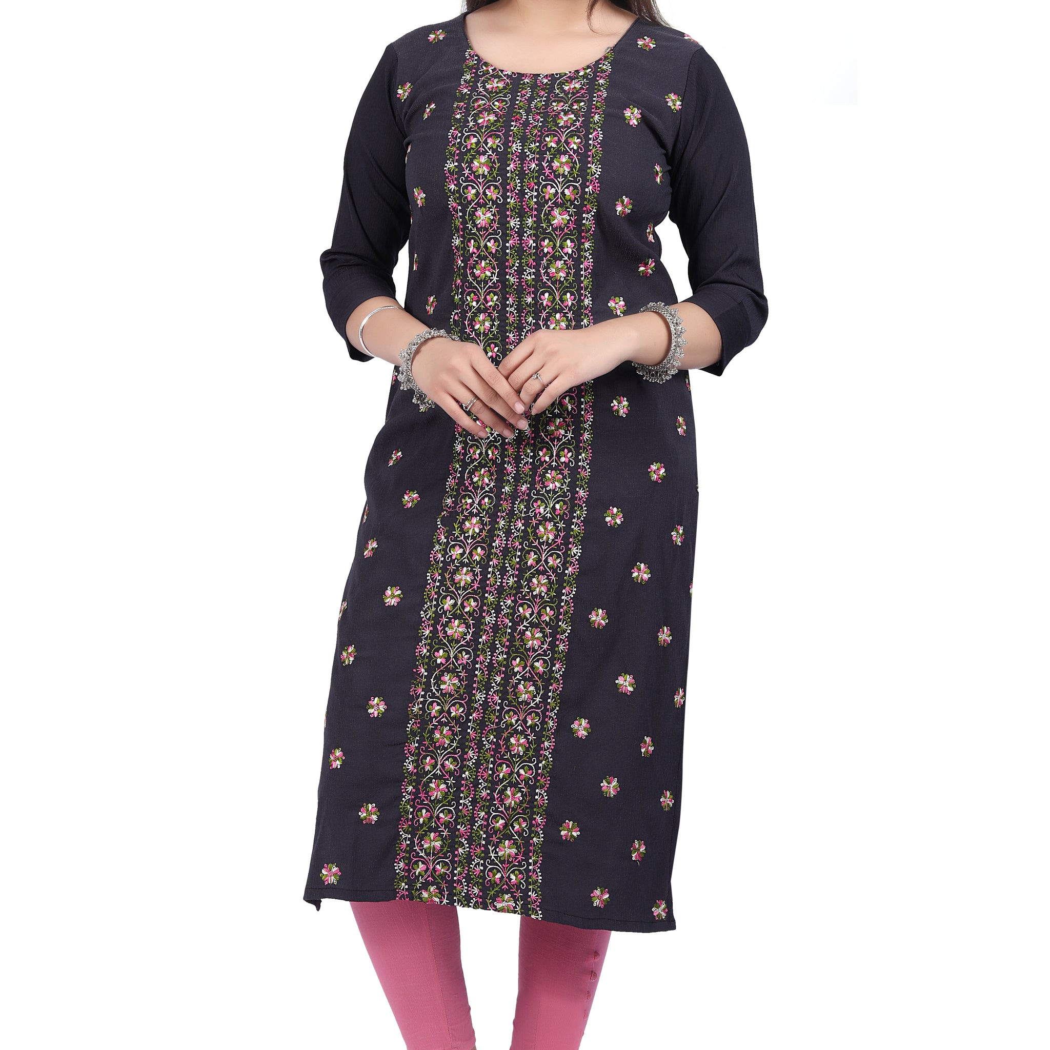 Elegant Charcoal Crepe Kurti with Fine Floral Embroidery - Premium Quality Fabric