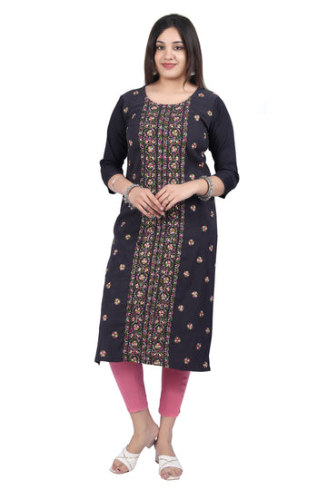 Elegant Charcoal Crepe Kurti with Fine Floral Embroidery - Premium Quality Fabric