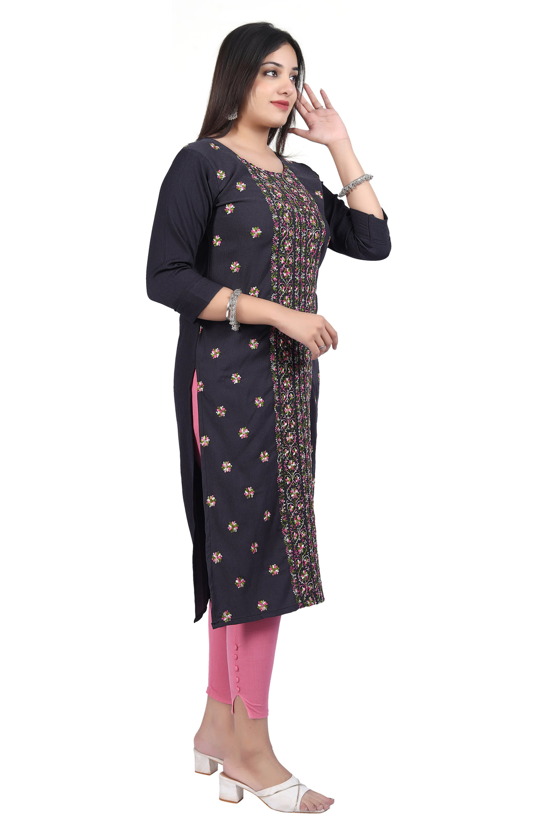 Elegant Charcoal Crepe Kurti with Fine Floral Embroidery - Premium Quality Fabric