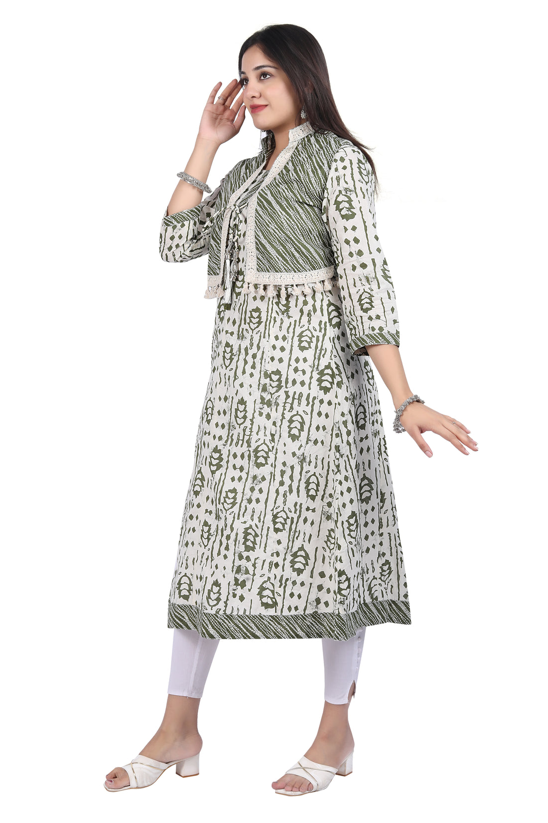 Elegant Semi Floral Printed Cotton Kurti & Striped Jacket with Tassels