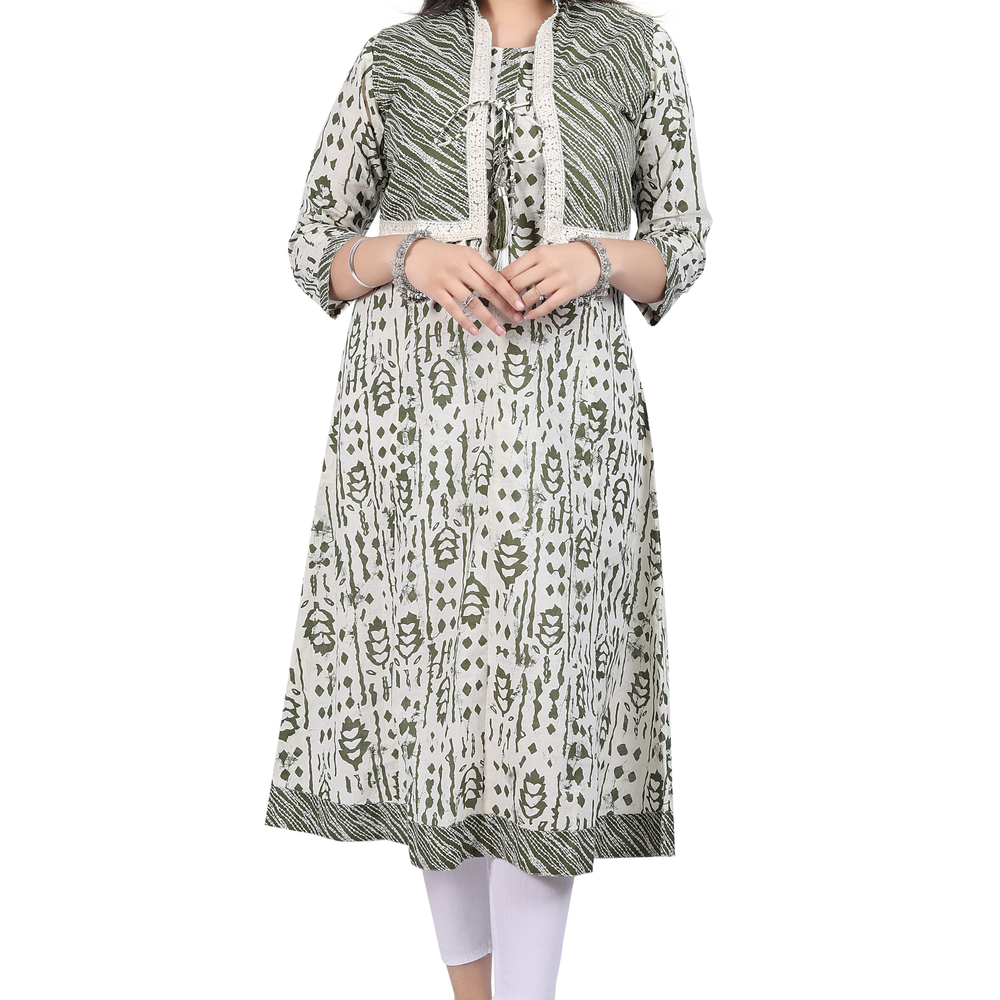 Elegant Semi Floral Printed Cotton Kurti & Striped Jacket with Tassels