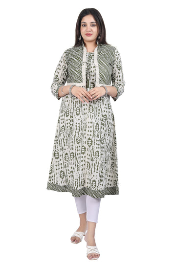 Elegant Semi Floral Printed Cotton Kurti & Striped Jacket with Tassels