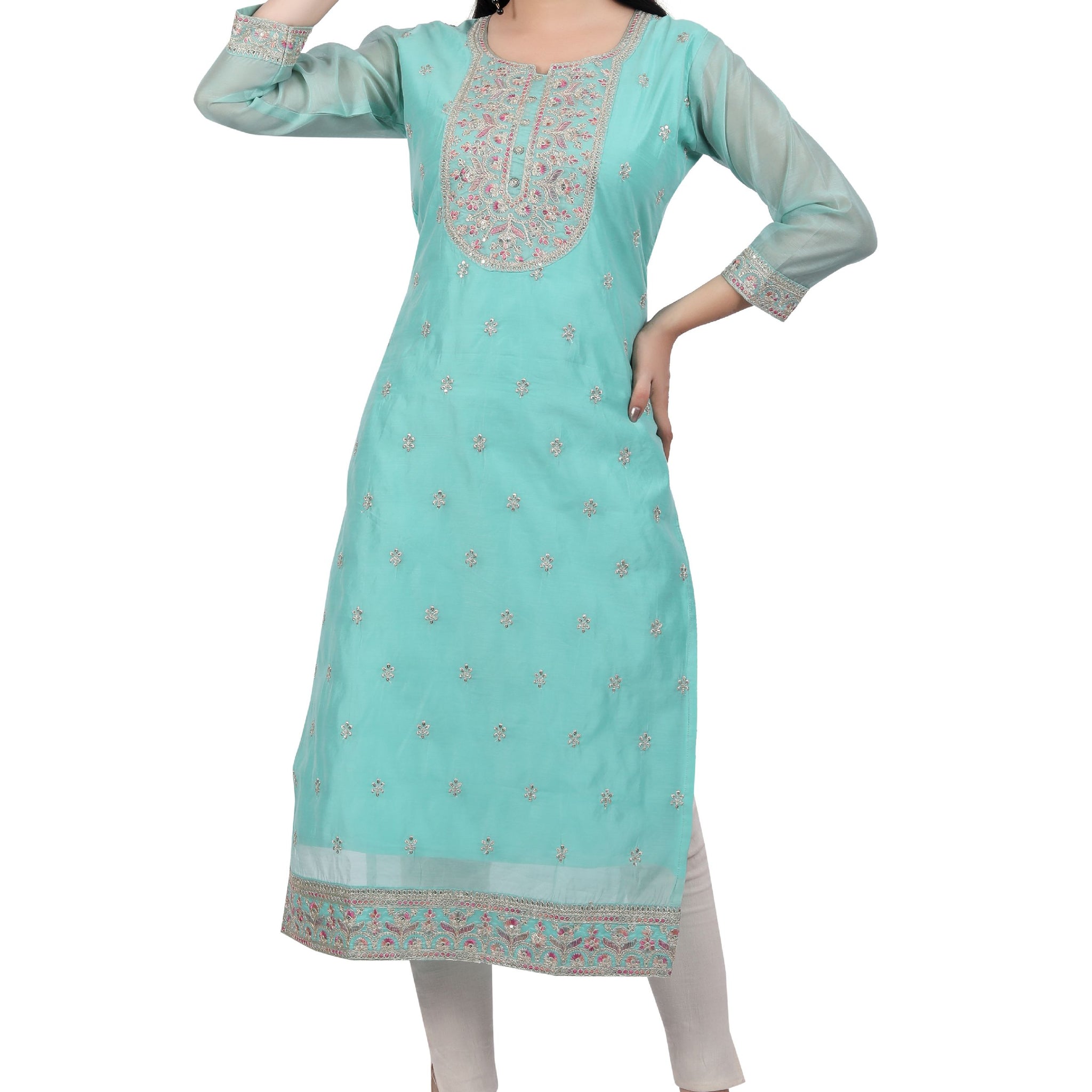 Ethnic Elegance: Shimmer Embroidered Chanderi Silk Kurti