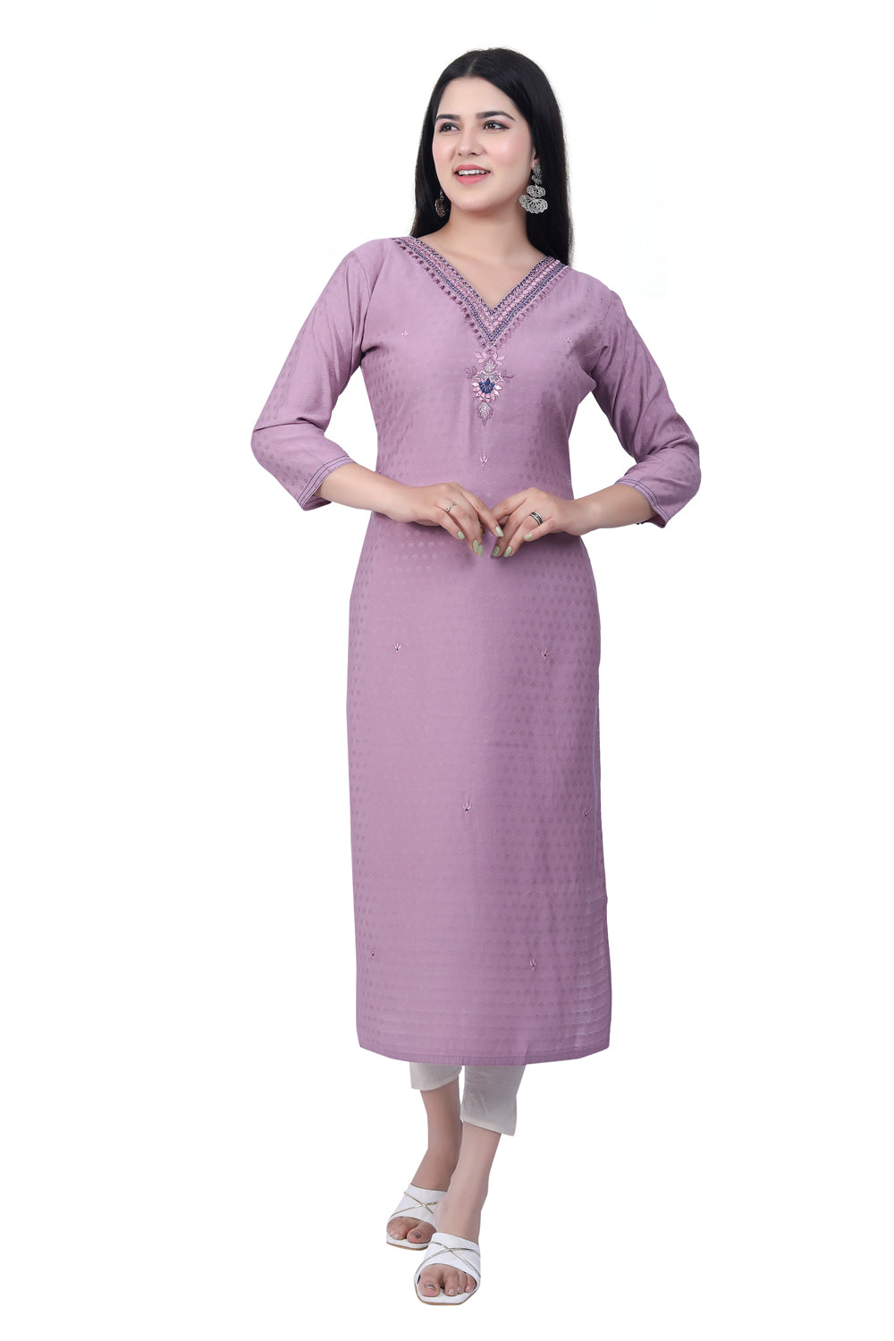 Classic Elegance: Embroidery Purple Emboss Print Premium Silk Kurti